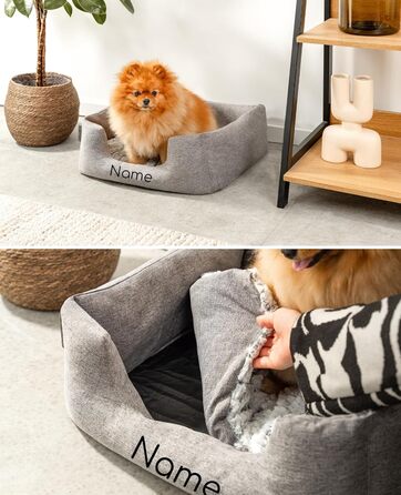 Lionto Dog Cuddle Bed with Fluffy Reversible Cushion, Cozy Pet Bed in a Marbled Design with Deep Entry for Dogs & Cats of All Sizes, 80x60 cm, Soft Dog Bed, (Grey, L 60 x W 50 x H 22 cm (with name imprint))