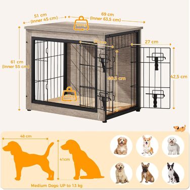 Yaheetech Modern Dog Crate Furniture with Blanket & 2 Doors - Indoor Wooden Dog House for Living Room - Grey, 69x51x61 cm
