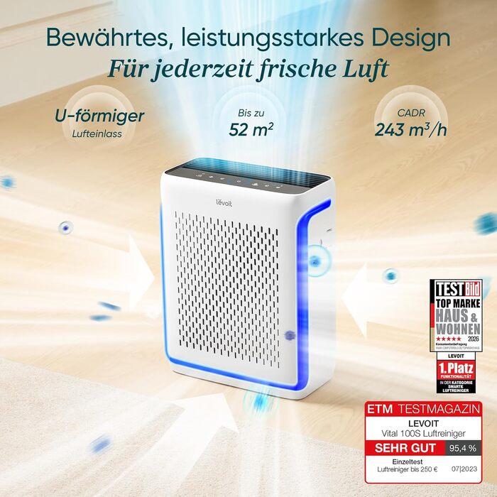 Повітряний фільтр LEVOIT з HEPA-фільтром: видаляє цвіль, пил, пилок, шерсть тварин. Автоматичний режим, CADR 240 м³/год, тихий режим 22 дБ, таймер, для кімнат до 50 м², білий.