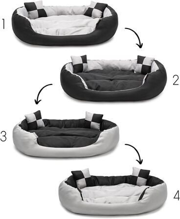 Ліжко для собак та котів Lionto 4-в-1 з воротком, 65x50 см, водовідштовхувальне, сіре/чорне, з декоративною подушкою
