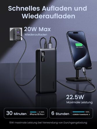 Повербанк UGREEN 20000mAh 22.5W з USB-C та 2 USB-A, зовнішній акумулятор для iPhone 16/17, Samsung Galaxy S26 Ultra, Google Pixel 10