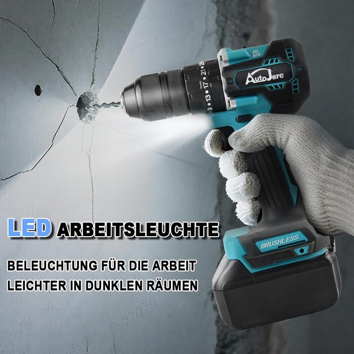 Акумуляторний ударний дриль-шуруповерт сумісний з Makita 18V, 13 мм, безщітковий, 35+3 ступені крутного моменту, 90 Н.м, 2 регульовані ступені, акумуляторний шуруповерт з 3 насадками (без акумулятора)