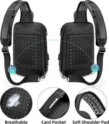 Чоловіча нагрудна сумка GYakeog Crossbody Bag: водонепроникна, з USB-зарядкою, для роботи, подорожей, велоспорту та піших прогулянок - чорна