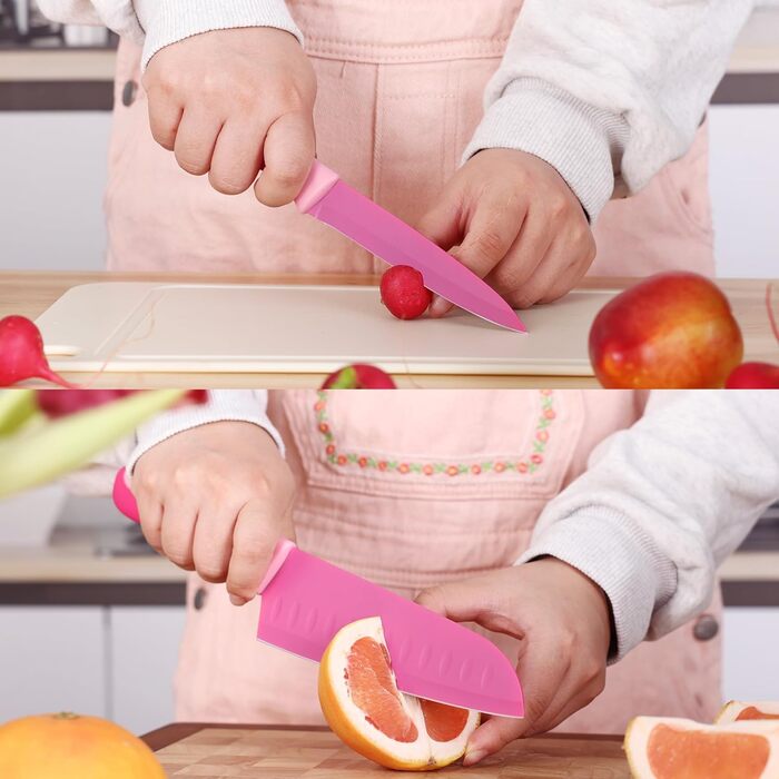 Набір ножів Hecef 14 предметів у блоці, з антипригарним покриттям, для посудомийної машини, самозаточуваний, ергономічні ручки, кухонний набір для будь-якої кухні (рожевий)