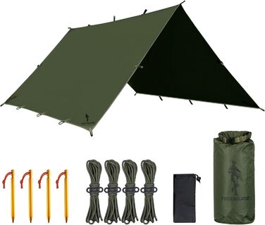 FREE SOLDIER 3x3.2m Tarp - Waterproof, UV Protection, Lightweight Camping Shelter - Military Green