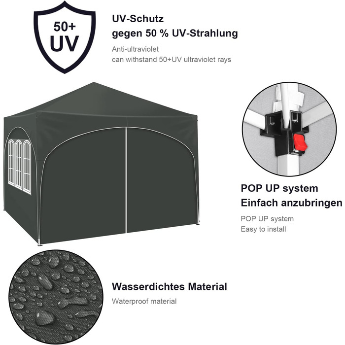 WOLTU Gazebo, Folding Gazebo 3x3 m, with 4 Side Walls, Party Tent Waterproof UV Protection 50+, Adjustable Height Garden Gazebo, with Carry Bag, for Outdoor Garden Camping Grey