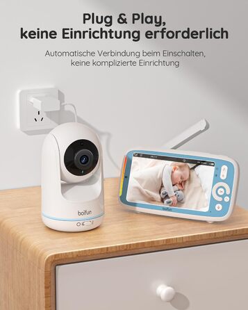 BOIFUN Дитячий відеоняня з камерою, 5' 720P IPS, без Wi-Fi, нічне бачення 360°, датчик шуму/температури, двосторонній зв'язок, радіус дії 300м, Plug & Play, акумулятор 3050mAh, колискові