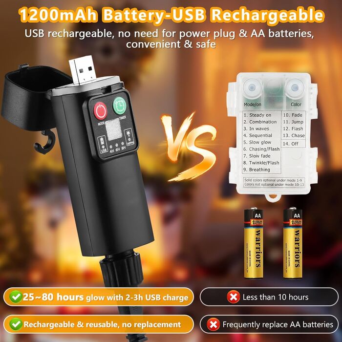 LED гірлянда на батарейках/USB, 10м, 100 LED, тепле біле світло, з таймером, вологостійка, для декору на Різдво, весілля, вечірки, балкона, саду