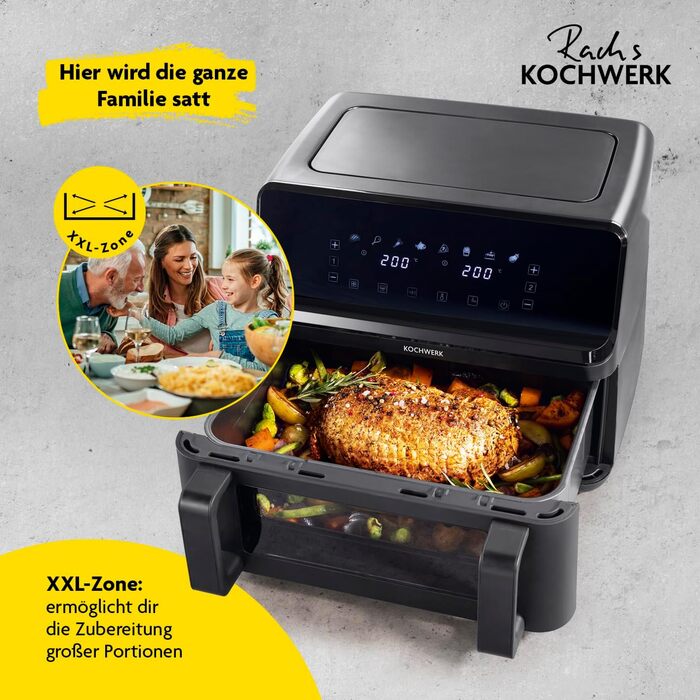 Фритюрниця RACHS KOCHWERK Vario-Doppelkammer 9 л з роздільною камерою, сенсорним екраном та 8 програмами | Електрична фритюрниця без олії, Smart-Cook, чорний колір
