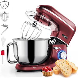 Fentic 2000W Stainless Steel Stand Mixer with 6.2L Bowl - Includes Dough Hook, Whisk, Beater & Splash Guard - Red