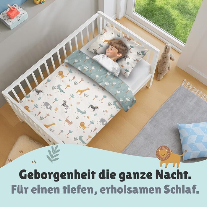 Дитяча постільна білизна комплект (2-частини) з 100% бавовни Oeko-Tex - ковдра 100x135 см та подушка 40x60 см з блискавкою. Дитяча постіль, дихаюча, регулює температуру, Сафарі з тваринами