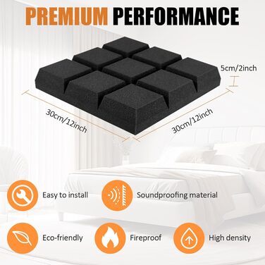 Акустичний поролон для звукоізоляції стін, панелі-поглиначі шуму 30x30x3 см, високощільний шумопоглинаючий матеріал для студії, офісу та кімнати запису, чорний (12 шт.)