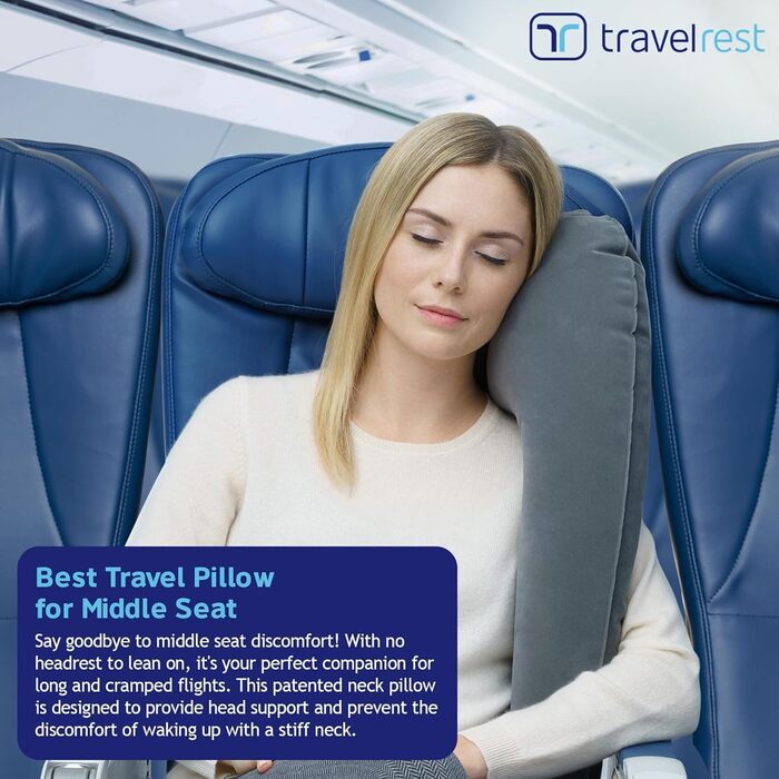 Travelrest Ultimate Travel Pillow for Neck and Body, Airplane and Car Seats, Inflatable, Space-Saving, for Sleeping on Long Flights, Naps on Road Trips, for Car and Bus Travel, Gray