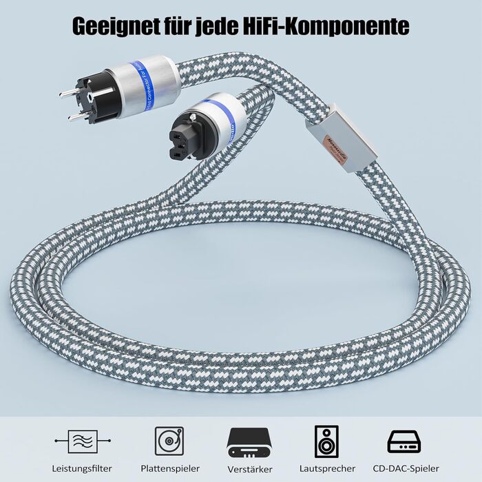 Hi-End мережевий кабель Monosaudio P902E6R 1,5м, 5,5qmm 4N OFC мідь, роз'єми Schuko та IEC C15 з родієвим покриттям, подвійне екранування для підсилювачів, DAC та сабвуферів