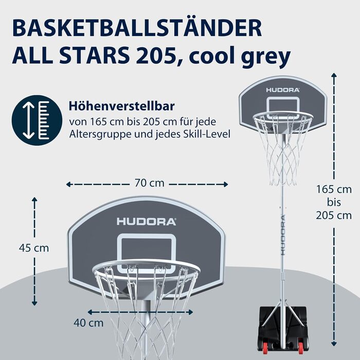 HUDORA All Stars 205 - Регульований баскетбольний кошик зі стійкою для дітей та юнаків. Мобільний кошик для саду з роликами та стійкою (сірий, 205 см)
