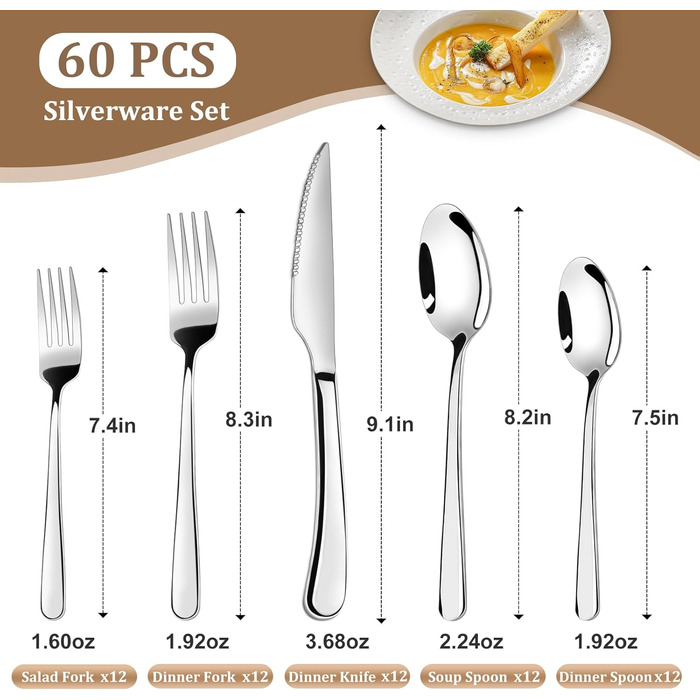 Набір столових приборів TAN REN, чорний, 48 предметів (8 осіб), з ножем для стейка, нержавіюча сталь