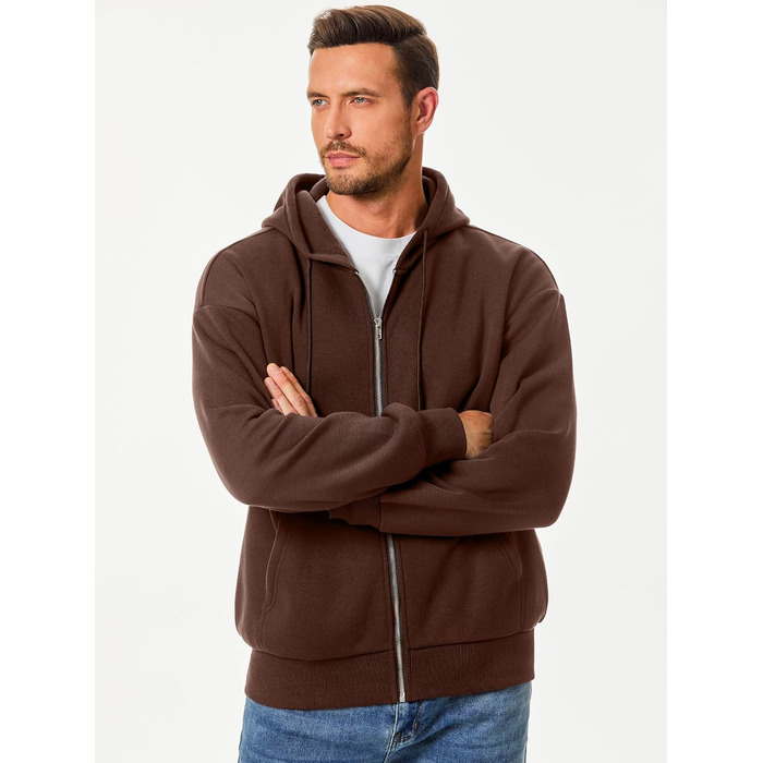 Світшот JMIERR чоловічий з капюшоном, бавовна, однотонний, на блискавці, з кишенями (колір: коричневий, розмір: M)