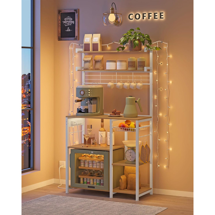 Полиця кухонна VASAGLE з розетками, стелаж для мікрохвильовки, 8 гачків S-подібної форми, кухонний шафчик, органайзер для спецій, 40 x 90 x 165,5 см, коричневий вінтаж та чорний, KKS031K11