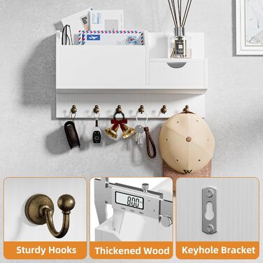 Настінна органайзер для ключів з 6 гачками та шухлядою, дерев'яний, для дому, офісу (білий)