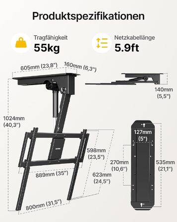 Електричний стельовий кронштейн для ТБ monTEK (43-86 дюймів), до 55 кг, VESA 600x400, з дистанційним керуванням, додатком та голосовим управлінням, складаний