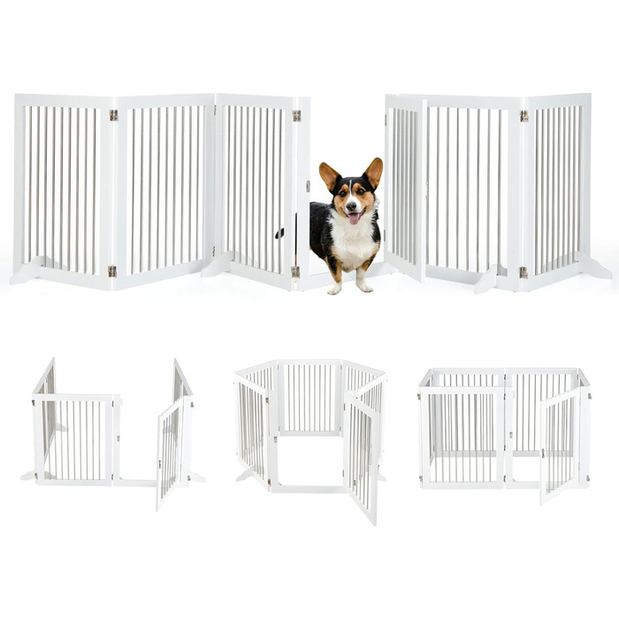 Захисне ґратка для собак COSTWAY, 6-секційне, з дверцятами, 80 см, з нержавіючої сталі та дерева, для каміну/сходи, біле