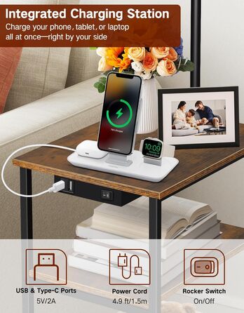 Стійка лампа для вітальні з поличкою та столом, регульована LED лампа з пультом, 3 колірні температури, приліжний столик з функцією зарядки та полицею, дерев'яний столик для спальні, офісу, коричневий в стилі рустік