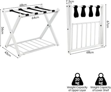 GIANTEX Folding Luggage Rack 2-Tier 68 x 43 x 58 cm Luggage Shelf Baggage Rack Metal Space-Saving Suitcase Stand for Bedroom Guest Room Hotel Black (2 Pieces, Black) (1 Piece, White)