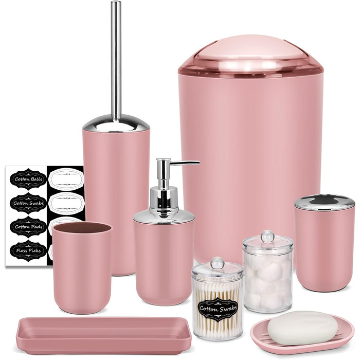 Набір аксесуарів для ванної кімнати IMAVO – 8 предметів (сірий) з відром, дозатором мила, мильницею, тримачем для зубних щіток, тримачем для унітазного йоржика, контейнером для ватних паличок з етикетками (рожевий)
