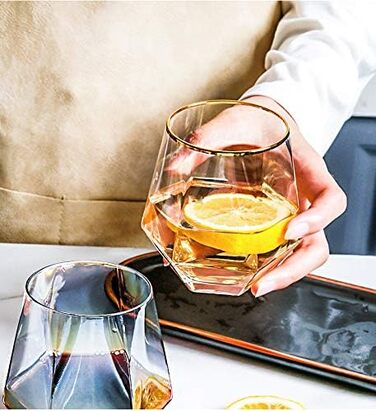 Diamond Whiskey Glasses 4-Piece Set, Tilted Scotch Glasses 300 Ml, Modern Look Whiskey Glasses for Men, Women, Dad, Husband, Friends, Glassware for Bourbon/Rum/Bar Tumbler, Clear + Gold Rim 4