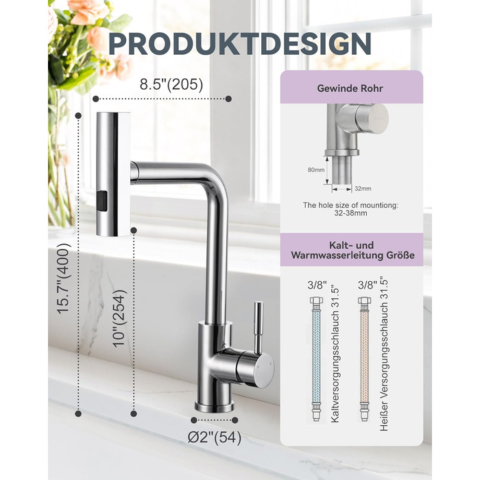 Кран кухонний iVIGA висувний з дощу, водоспад, 360° поворот, мікшер, брашований нікель