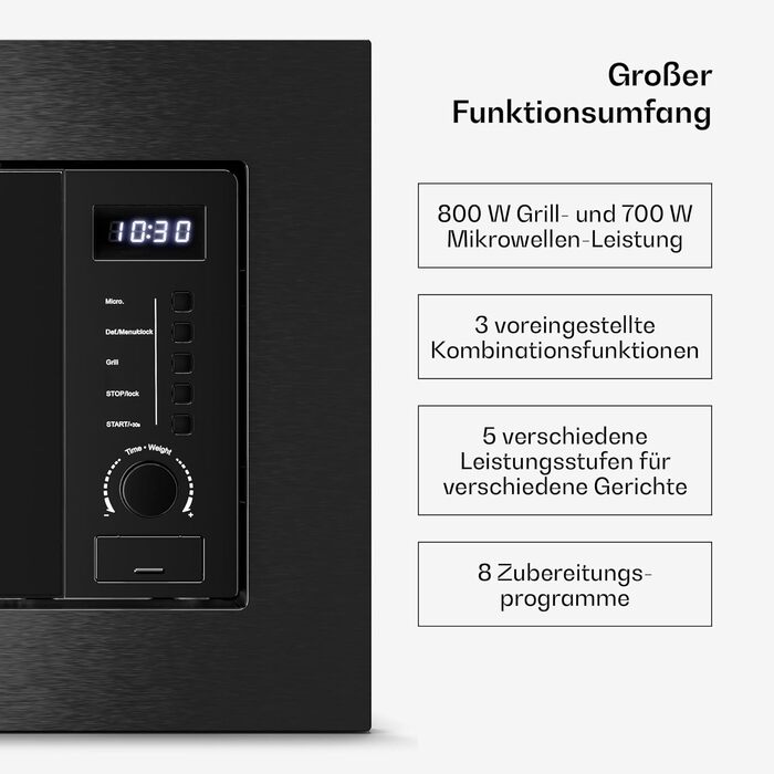 Мікрохвильова піч Klarstein Verosteel Einbaumikrowelle 60 см з грилем – 20L, 700W, 8 програм, сенсорне керування, нержавіюча сталь, функція розморожування, LED-підсвічування, чорна нержавіюча сталь