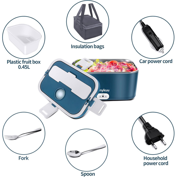 100W Heated Lunchbox Portable Electric Lunchbox 1.8L 3-in-1 12V/24V/220V for Car/Truck/Office/Home Electric Food Container with Fork & Spoon