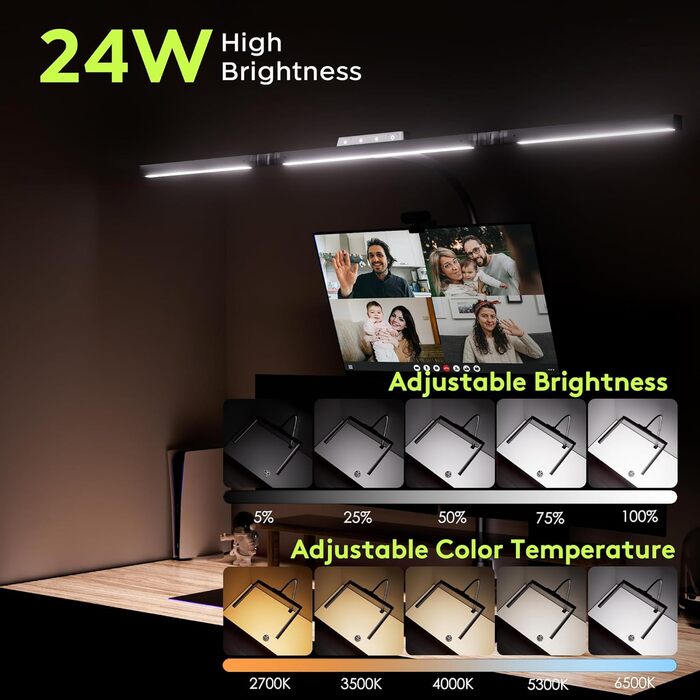 Настільна лампа для робочого столу з 3 джерелами світла, 24W, 100см, денне світло, з пультом дистанційного керування, регульована яскравість, лампа для монітора, модель «Лебідь», матовий чорний колір