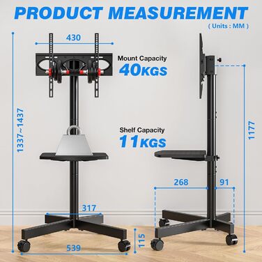 Rolling TV Stand with Wheels - Adjustable Height Mobile TV Trolley for 27-60 inch TVs, VESA 400x400, 40kg Max Weight, White (Black)