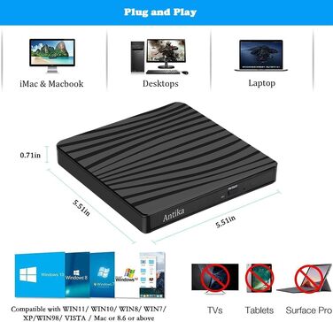 Зовнішній DVD-накопичувач Antika USB 3.0 Type-C, портативний CD/DVD бренер для ноутбука та ПК (Windows, macOS), чорний