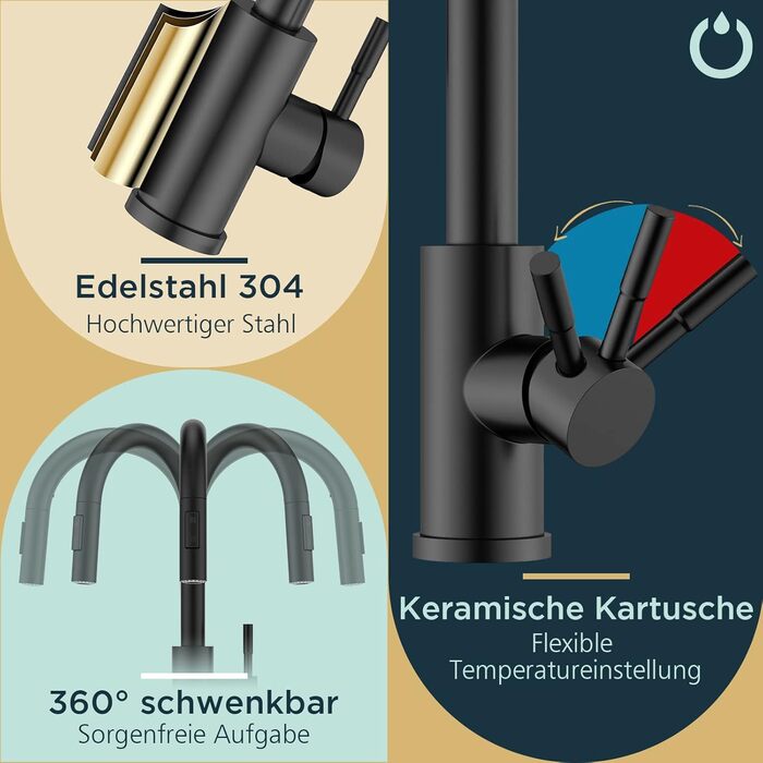 Кран кухонний FORIOUS чорний з висувною лійкою, поворотний на 360°, матовий, для кухні