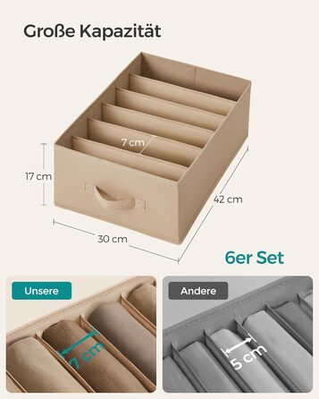 SONGMICS Closet Organizer 6-Piece Set, Storage Box with 6 Compartments, Drawer Organization System, Folding Storage Boxes, 42 x 30 x 17 cm, for Pants, Clothes, RUS009G03 (Sand Beige)