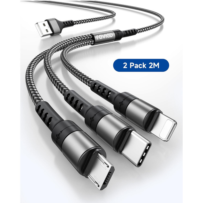 Мульти USB кабель RAVIAD 3 в 1 (2 шт x 2м) для iPhone, Samsung, Huawei та інших – сірий