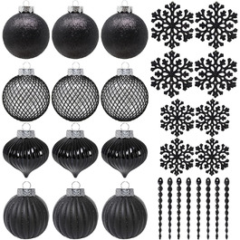 Чорні новорічні прикраси SLEETLY 28 шт. - кулі, льодинці, сніжинки. Стійкі до пошкоджень, пластикові