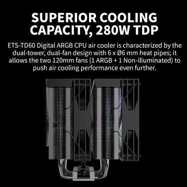 Кулер для CPU ENERMAX ETS-TD60D-ARGB: 2x 120mm вентилятор, гідравлічний підшипник, 4x Heatpipe, підтримка AMD AM5/AM4 та Intel LGA1851/1700/115x
