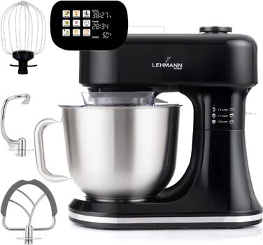 Кухонна машина Lehmann з дисплеєм, 12 швидкостей, функція ферментації з підігрівом, вбудована вага, таймер, міксер з 3 насадками та 5л чашею