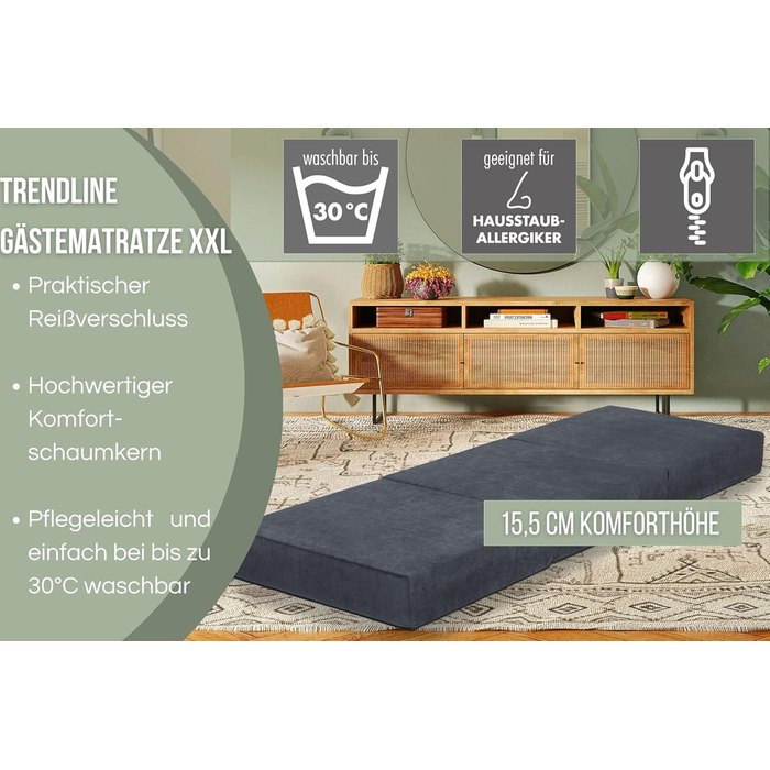 Складаний гостьовий матрац Badenia Trendline XXL, поліестер, 196x65x15,5 см, висота 15 см, плюш, сертифікат Öko-Tex, антрацит, виготовлений за німецьким стандартом якості