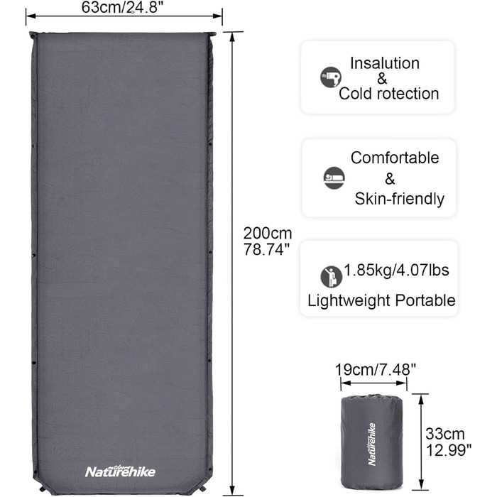 Naturehike Саморозкладаюча спалка 5 см, туристична, для кемпінгу, вага легка, з'єднується, R-значення 4.8, зелена (сіра)