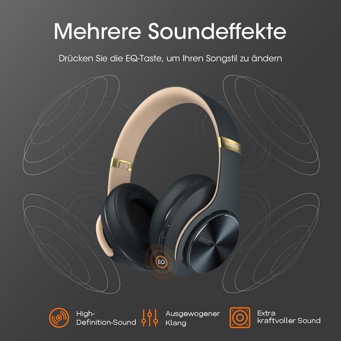 DOQAUS Bluetooth навушники Over-Ear з триманням заряду до 90 годин, 3 режими EQ, HiFi стерео, складні, з мікрофоном, м'які амбушури для подорожей/офісу/телефону/ПК/ноутбуків (Асфальтово-сірий)