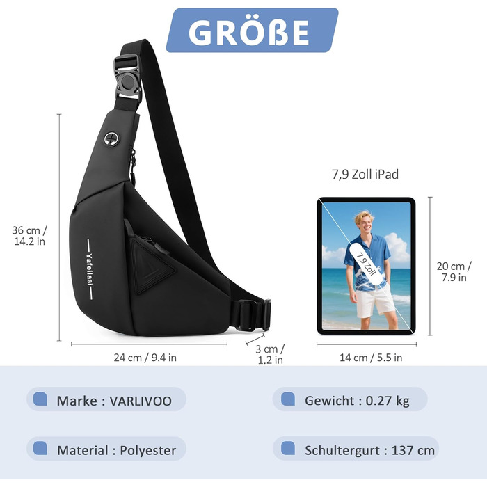 Чоловіча нагрудна сумка VARLIVOO Brusttasche - чорний рюкзак-слінг для спорту, подорожей та активного відпочинку