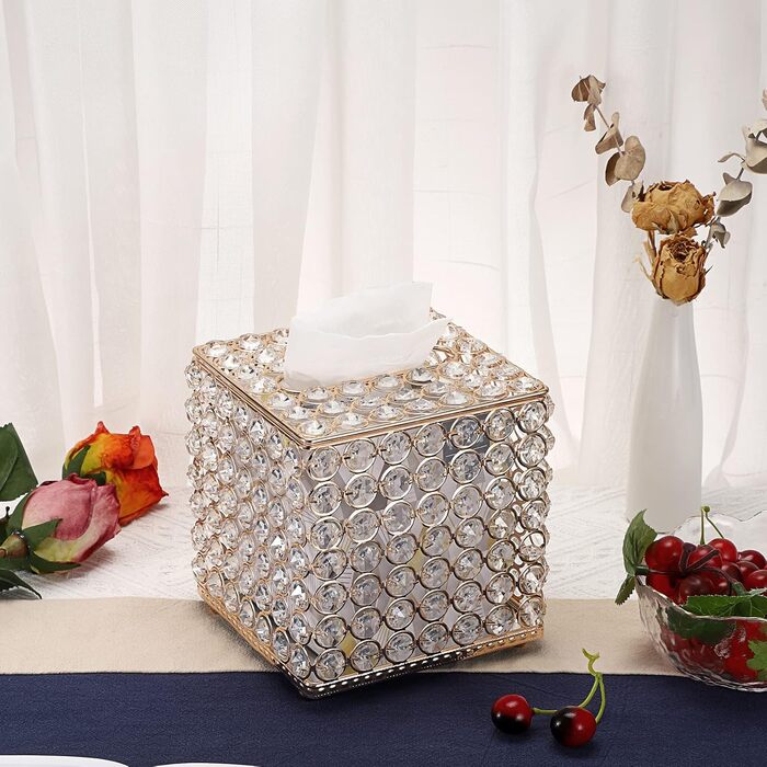 SUMTree Kristall Tissue Box, square, for household use, napkin organizer for dining room, bathroom, bedroom, vanity countertop, Gold