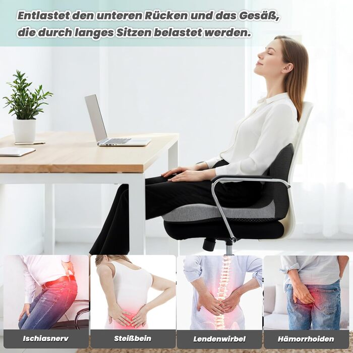 Ортопедична подушка для сидіння Urban Deco з підспинником, ергономічна подушка для спини з Memory Foam, для офісного крісла, автокрісла, інвалідного візка, чорно-сіра, 1 шт.