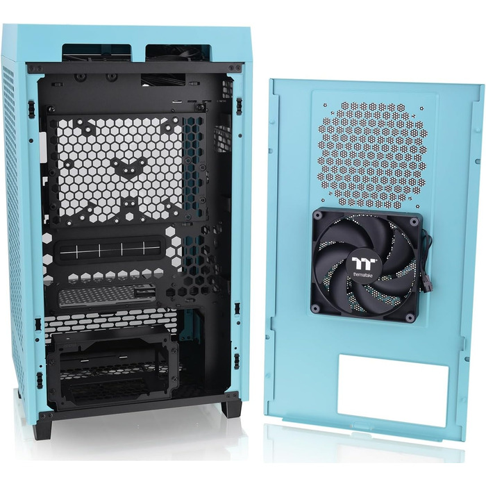 Корпус Thermaltake The Tower 200 Turquoise Mini-ITX з вертикальним розташуванням, загартоване скло, 2x CT140 вентилятори, підтримка AIO 280мм, GPU до 380мм