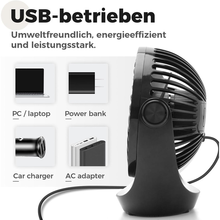 USB вентилятор OCOOPA: компактний настільний вентилятор з потужним потоком повітря та тихим режимом роботи. 3 швидкості, 360° обертання, портативний для офісу, дому та відпочинку на природі (чорний)
