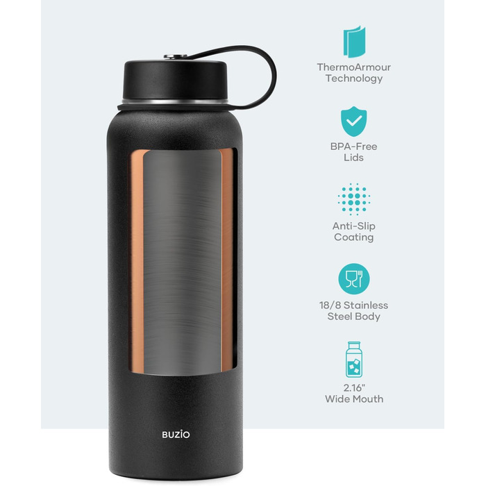 Insulated water bottle, 2 l, stainless steel, with straw lid and Flexseal closure, keeps cold for 48 hours, hot for 24 hours, double-walled, wide opening, BPA-free, leak-proof, (1180 ml, Black)